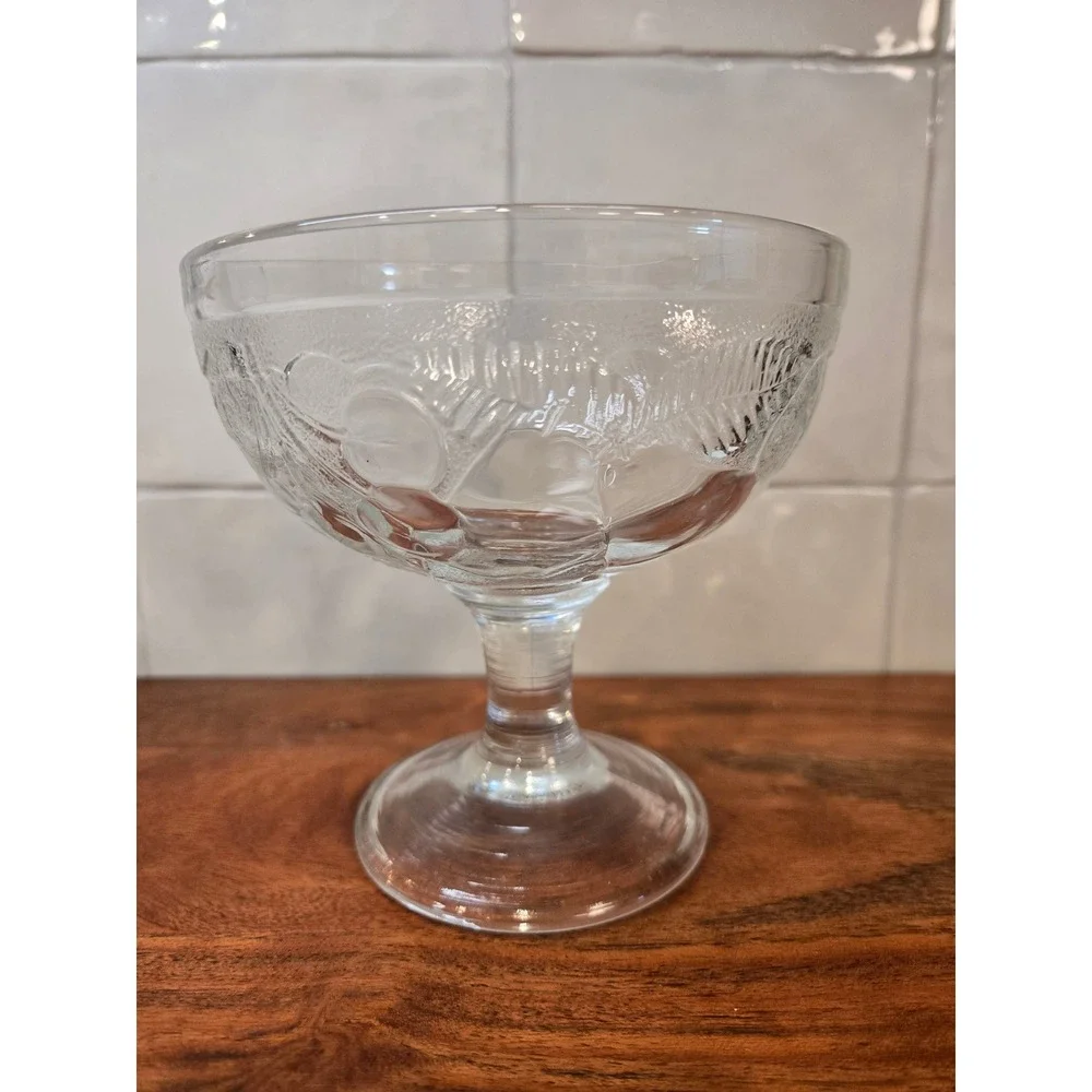 Vintage French Clear Pressed Glass Footed Dessert Coupe Embossed Leaf Berry Bowl